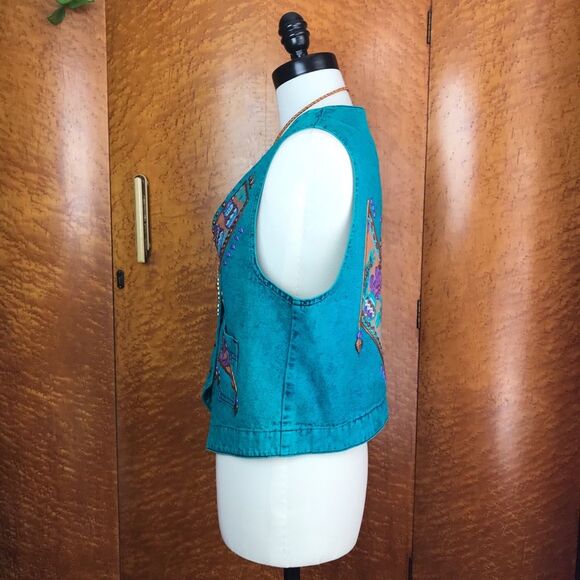 VINTAGE 80’s Acid Wash Southwestern Denim Vest S - Picture 3 of 14